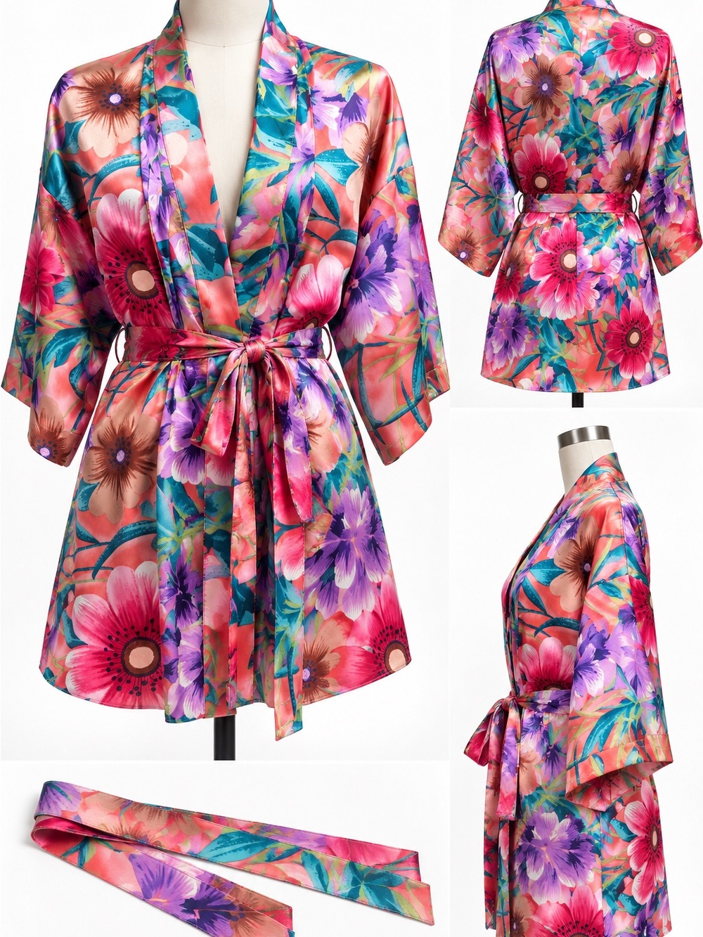 Floral Satin Kimono Robe - Pink Multi